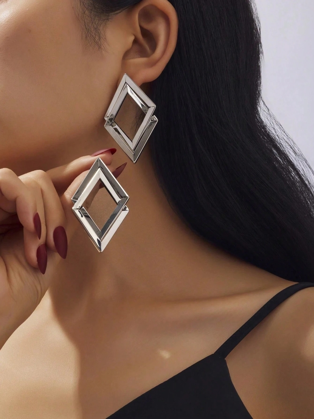 Silver Geometric Double Diamond Drop Earrings - Women Jewelry